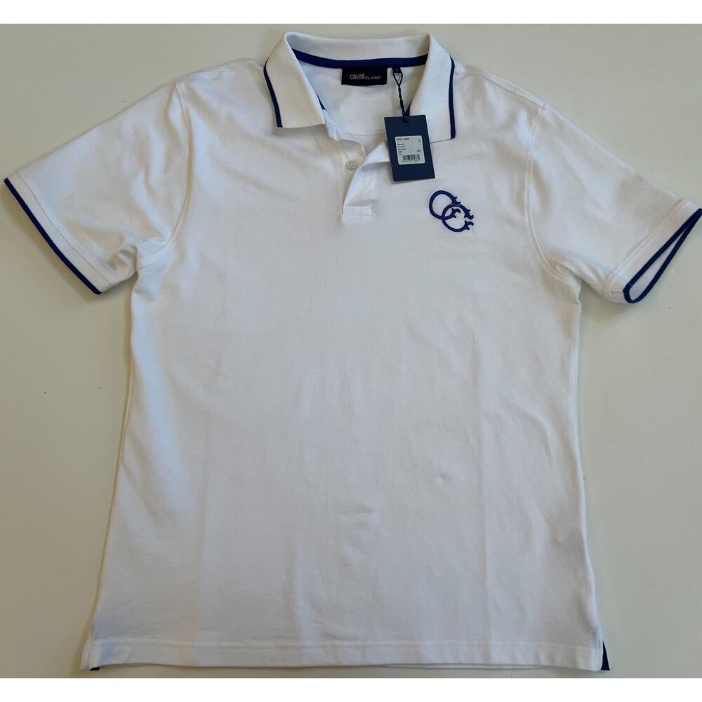 Cavalli Class by Roberto Cavalli Cotton Polo Shirt White Blue Men's Size L New
